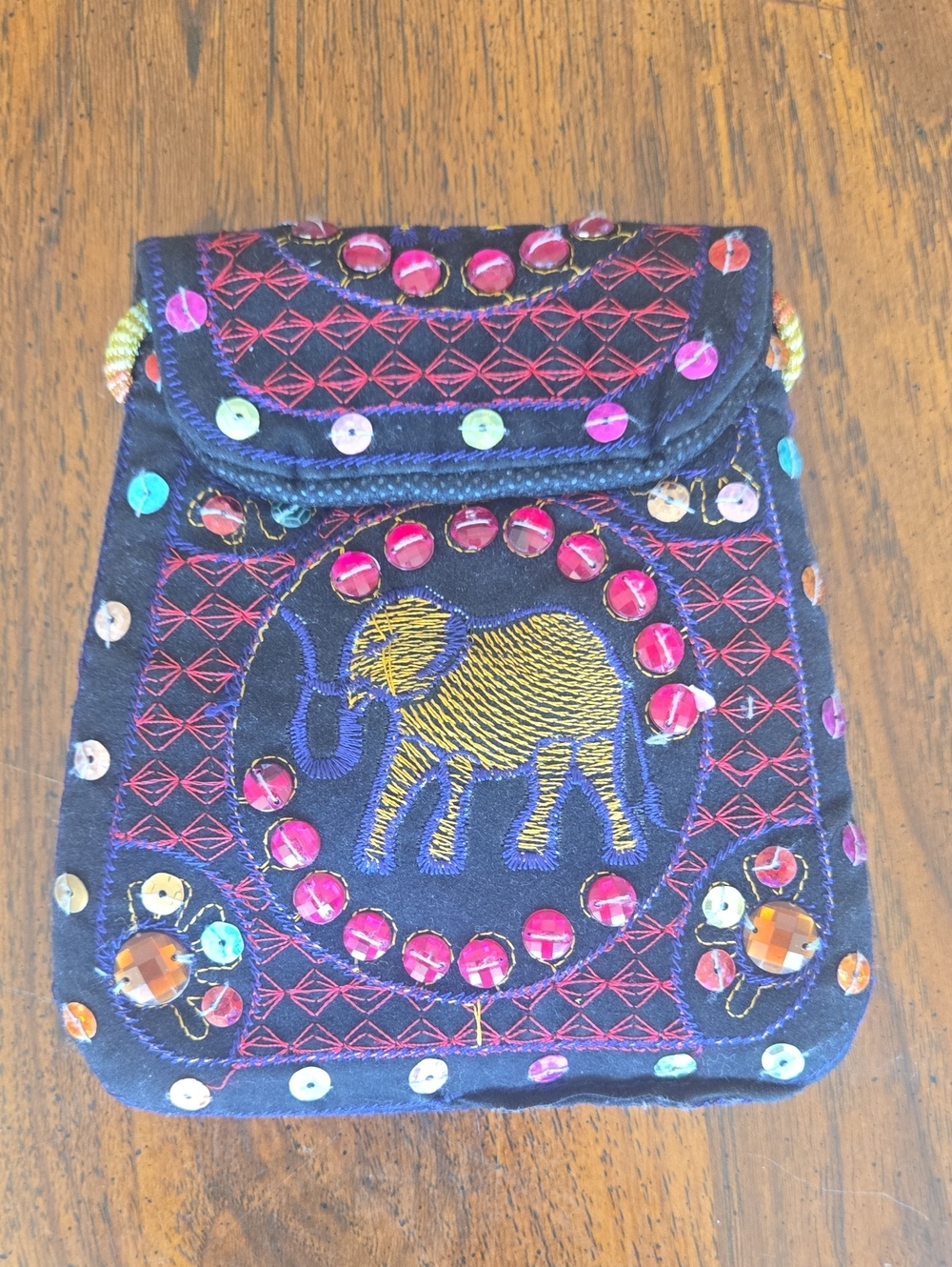 Embroidered Elephant Sequin Crossbody Pouch - Navy & Gold